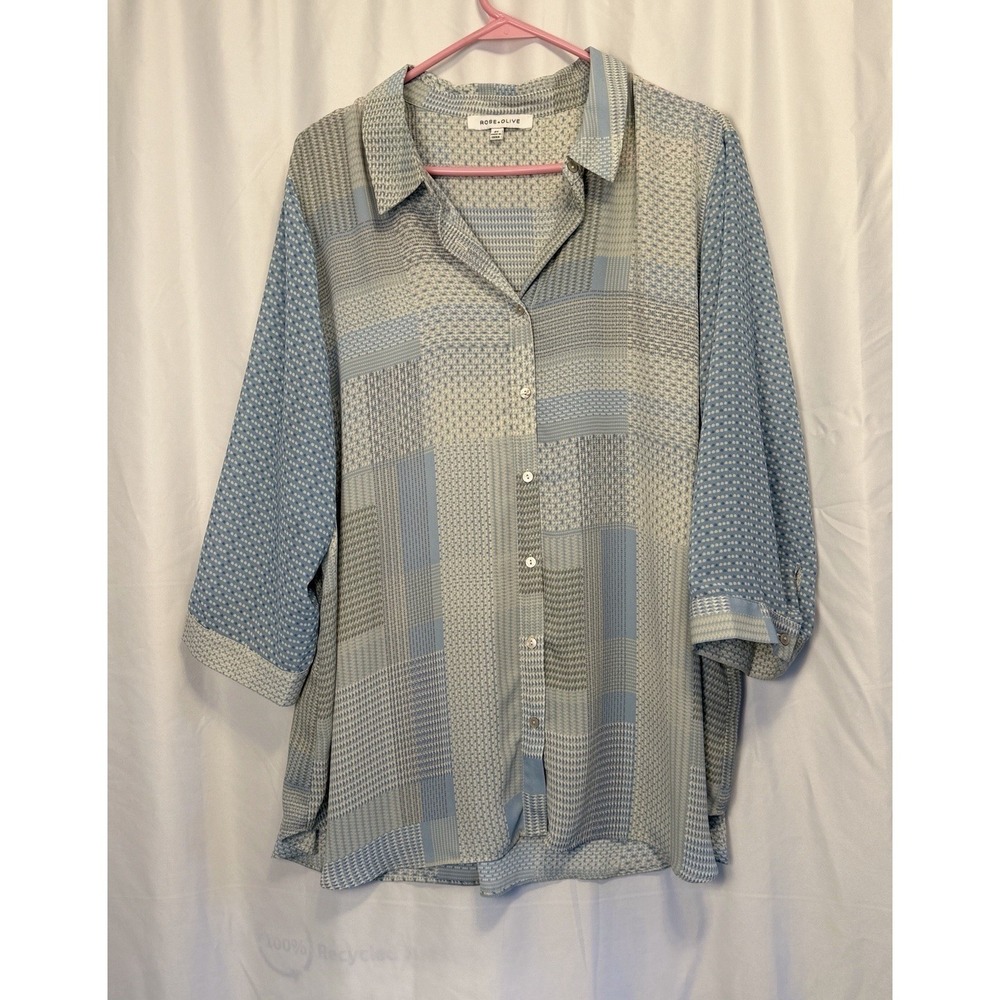 Rose & Olive Women's 2XL Blue Loose Fit Button Up Blouse